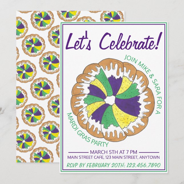 Celebrate Mardi Gras Carnival Party King Cake Einladung (Vorne/Hinten)