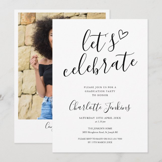 Celebrate Script Heart Foto Graduation Party Einladung (Vorne/Hinten)
