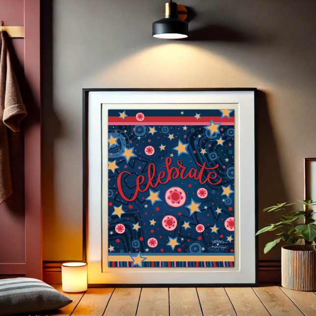 Celebrate Stars Blume Spaß Blue Stripe Poster (Von Creator hochgeladen)