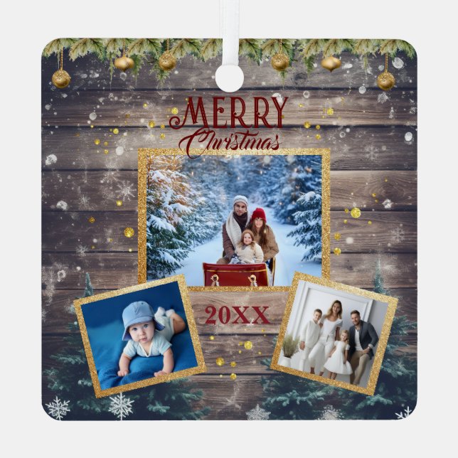 Celebrate Togetherness: 3-Photo Family Christmas  Ornament Aus Metall (Rückseite)