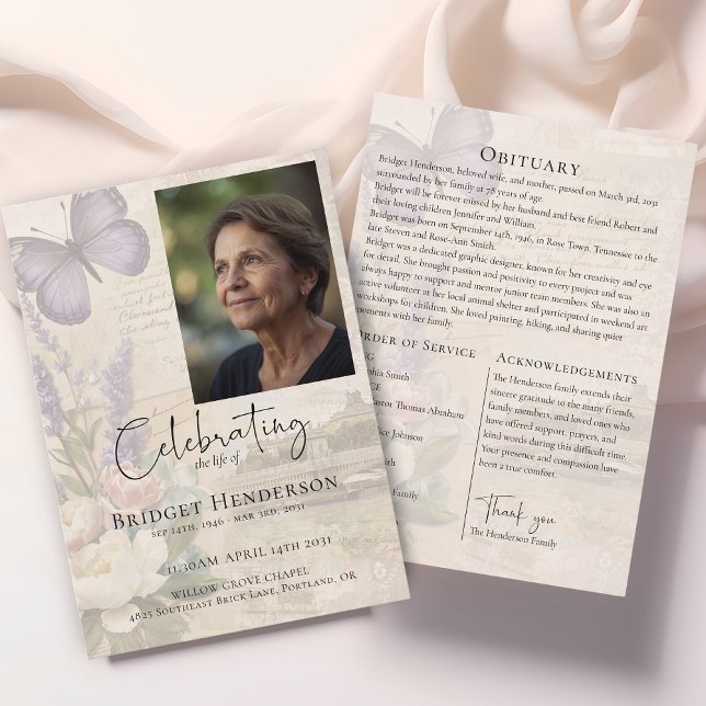 Celebrating Life Lavander Butterfly Photo Funeral Programm (Von Creator hochgeladen)