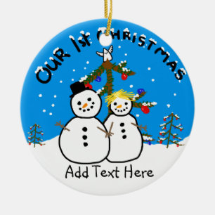 Celebrating our 1st Xmas Funny Snowman couple Keramik Ornament