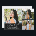Celebrating the Graduate Black Multi Photo Ankündigung<br><div class="desc">Modern and whimsical graduation announcement photo card featuring 3 photos on the front and 1 on the back. The text says "celebrating the graduate" in script font. Add the graduate's name,  information,  and message to personalize this card. Black.</div>