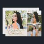 Celebrating the Graduate Cream Multi Photo Ankündigung<br><div class="desc">Modern and whimsical graduation announcement photo card featuring 3 photos on the front and 1 on the back. The text says "celebrating the graduate" in script font. Add the graduate's name,  information,  and message to personalize this card. Cream.</div>