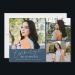 Celebrating the Graduate Navy Blue Multi Photo Ankündigung<br><div class="desc">Modern and whimsical graduation announcement photo card featuring 3 photos on the front and 1 on the back. The text says "celebrating the graduate" in script font. Add the graduate's name,  information,  and message to personalize this card. Navy blue.</div>