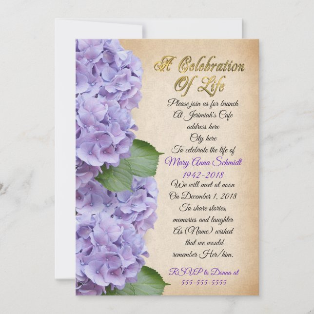 Célébration de la vie Invitation hydrangée (Devant)