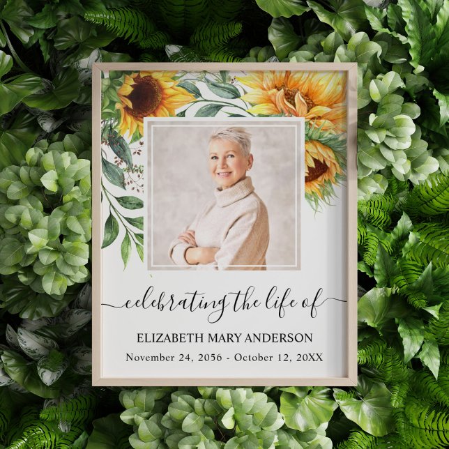 Célébration de la vie Photo Mémorial Tournesol (Sunflower floral watercolor celebration of life poster with a photo of your loved one.)