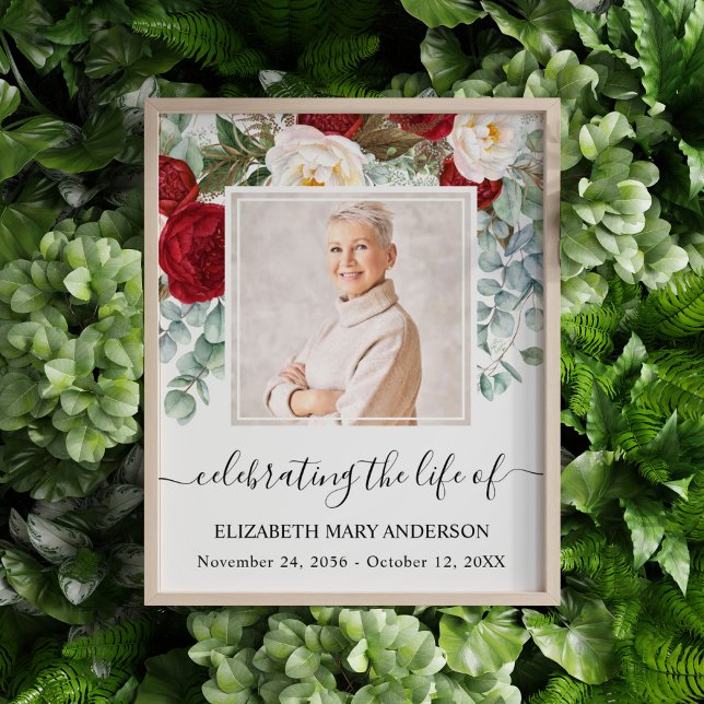 Célébration de la vie Photo Rouge Blanc Roses Memo (Red and white rose eucalyptus watercolor celebration of life photo funeral poster.)