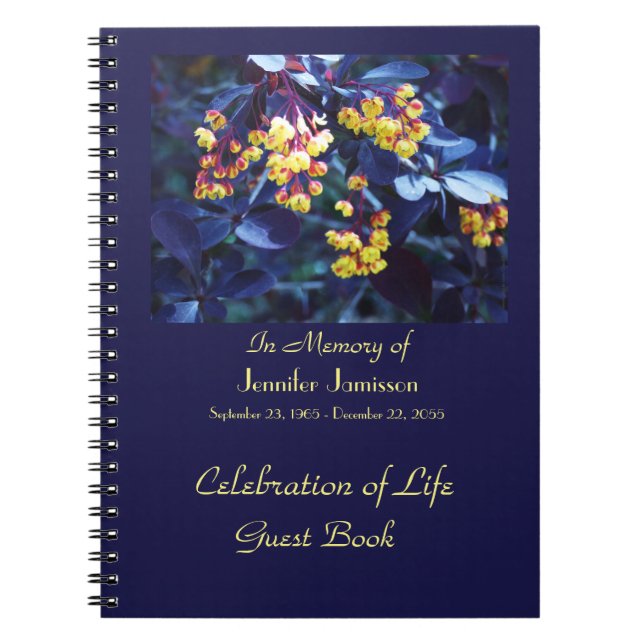 Celebration Life Gästebuch, Goldene gelbe Blumen Notizblock (Vorderseite)