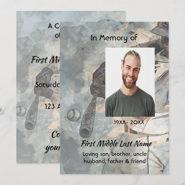 Celebration Life Service Memorial Baseball Player Einladung (Vorne/Hinten)