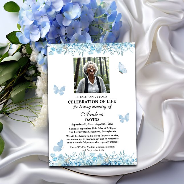Celebration Of Life 1 Photo Funeral Blue Floral Einladung (Von Creator hochgeladen)