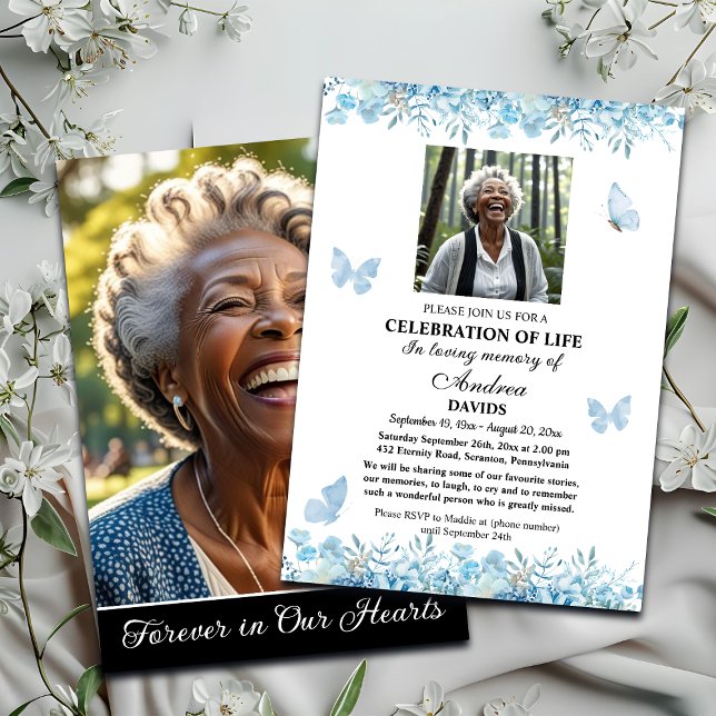 Celebration Of Life 2 Photos Funeral Blue Floral Einladung (Von Creator hochgeladen)