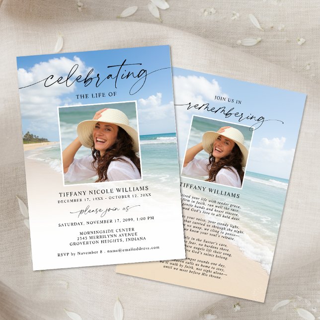 Celebration of Life Beach Photo Funeral Einladung (Von Creator hochgeladen)