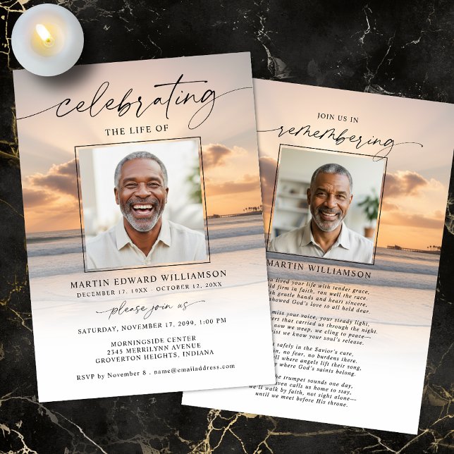 Celebration of Life Beach Sunset Photo Invitation (Créateur téléchargé)