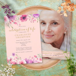 Celebration of Life Blush Pink Gold Floral Photo  Einladung