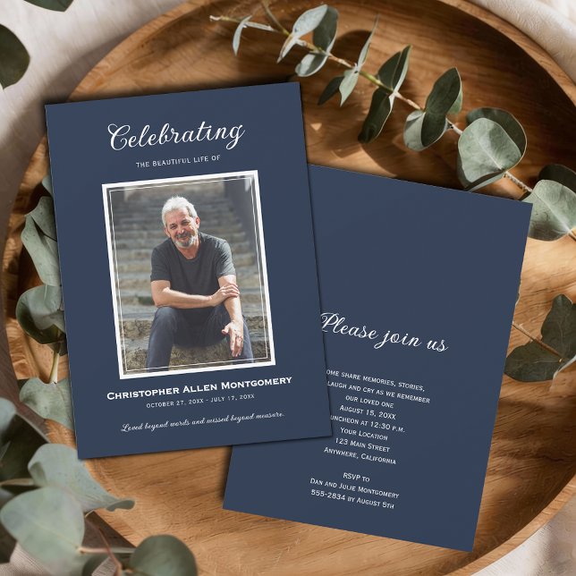 Celebration of Life Funeral Memorial Einladung (Celebration of Life photo funeral memorial navy blue invitations, PRINTED and/or INSTANT DOWNLOAD)