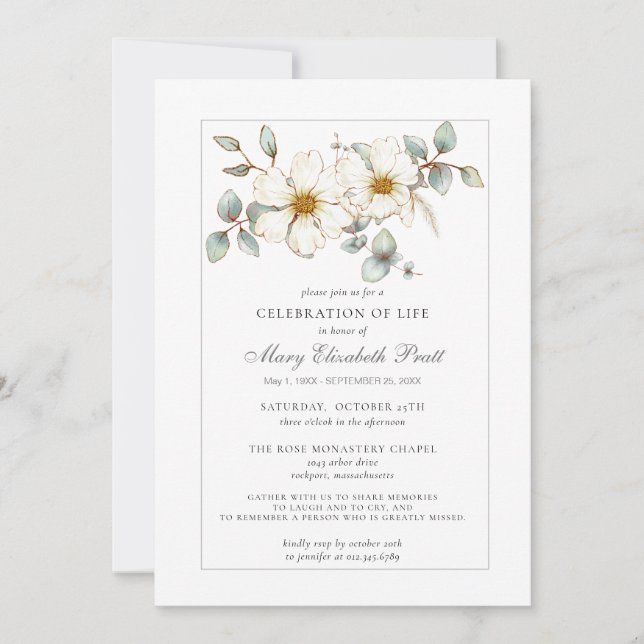 Celebration of Life Funeral Memorial White Floral Einladung (Vorderseite)
