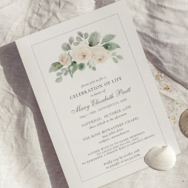 Celebration of Life Funeral Memorial White Floral Einladung (Von Creator hochgeladen)