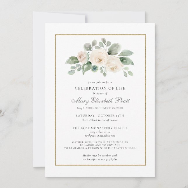 Celebration of Life Funeral Memorial White Floral Einladung (Vorderseite)