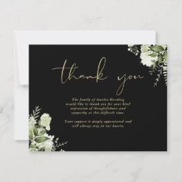 Celebration Of Life Greenery Floral Black And Gold Dankeskarte