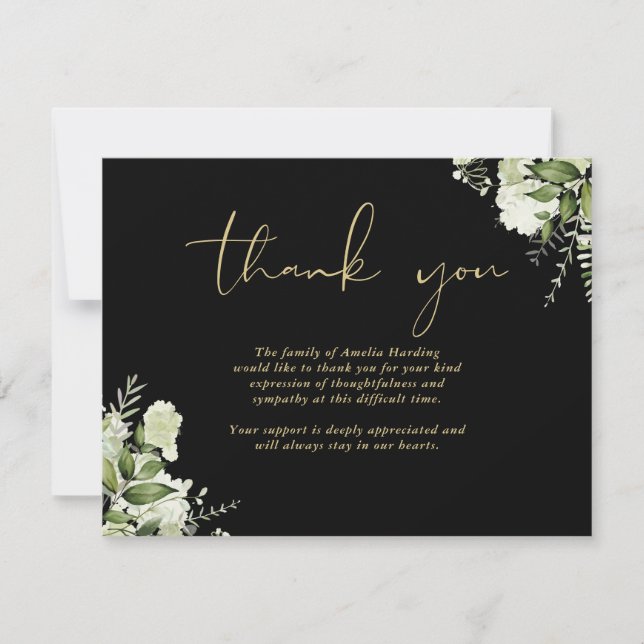 Celebration Of Life Greenery Floral Black And Gold Dankeskarte (Vorderseite)