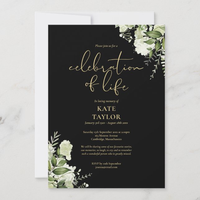 Celebration of Life Greenery Floral Black And Gold Einladung (Vorderseite)