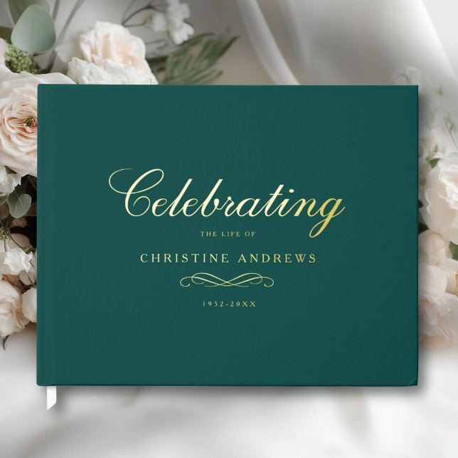 Celebration of Life Memorial–Elegant Minimal Teal Gästebuch (Celebration of Life Memorial–Elegant Minimal Teal Foil Guest Book)