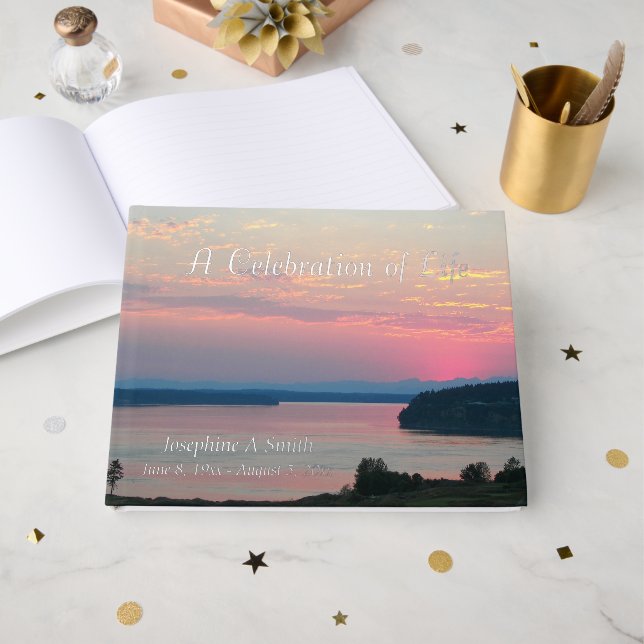 Celebration of Life Pink Sunset Memorial Gästebuch (Vorderseite offen)