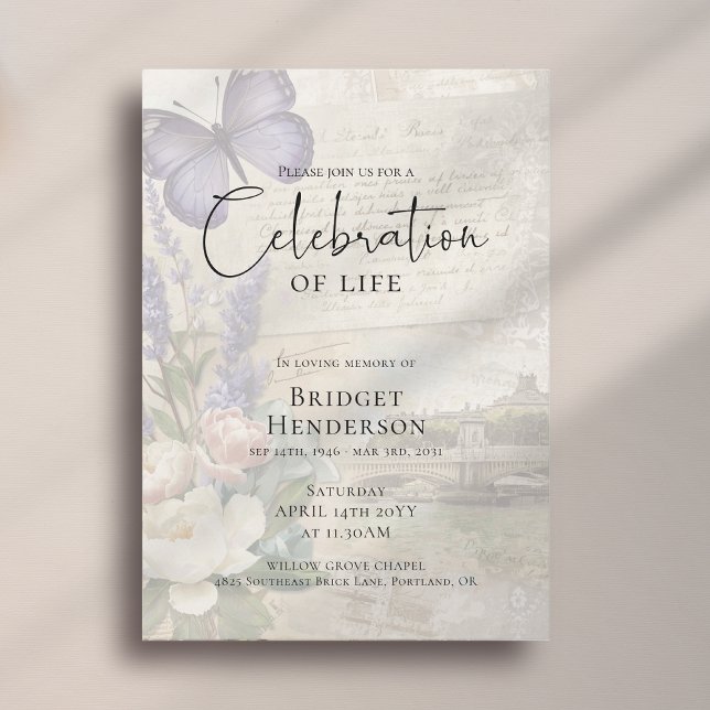Celebration of Life Purple Butterfly Peony Funeral Einladung (Von Creator hochgeladen)