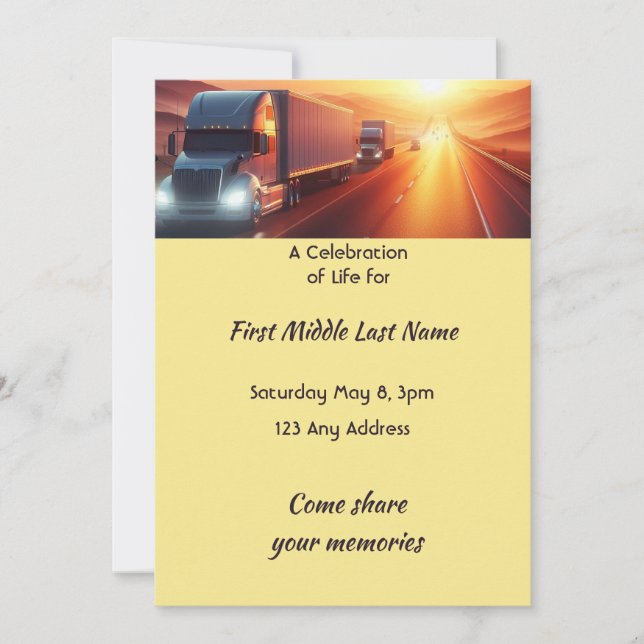 Celebration of Life  Semi-Truck Tractor-trailer  Einladung (Vorderseite)