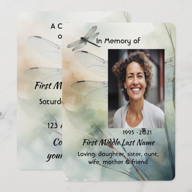 Celebration of Life Service Custom Dragonfly Einladung (Vorne/Hinten)