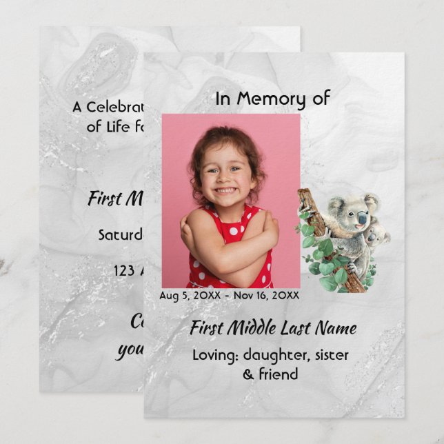Celebration of Life Service Cute Koala Bear Kids Einladung (Vorne/Hinten)