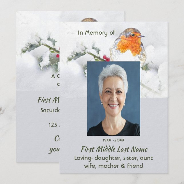 Celebration of Life Service  English Robin Bird Einladung (Vorne/Hinten)