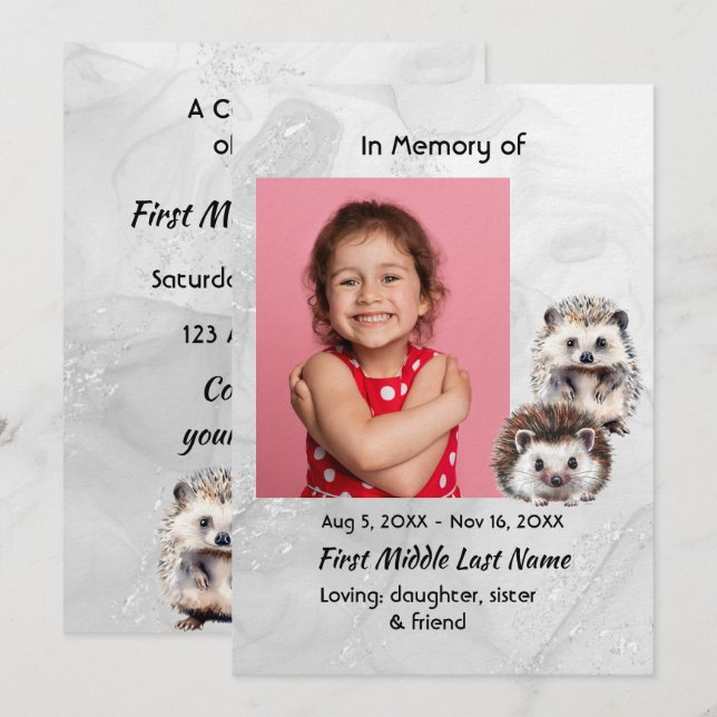 Celebration of Life Service Hedgehog Children Einladung (Vorne/Hinten)