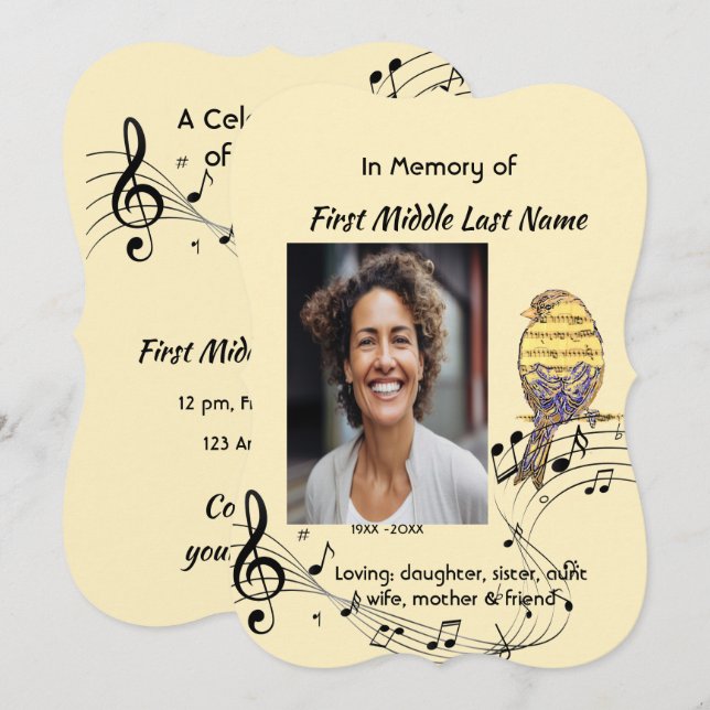 Celebration of Life Service Invite Music Bird Einladung (Vorne/Hinten)