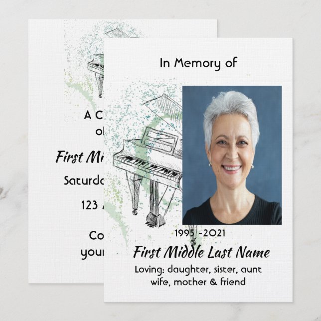 Celebration of Life Service Invite Piano Musician Einladung (Vorne/Hinten)