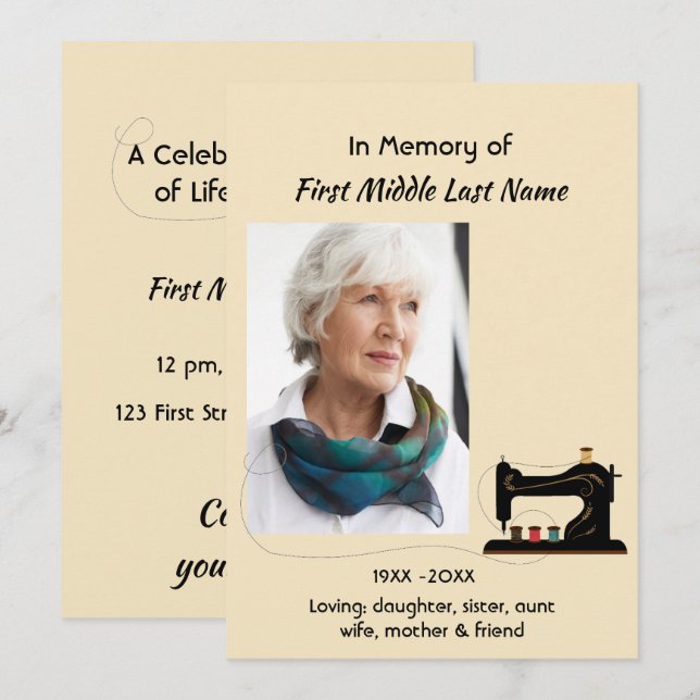 Celebration of Life Service Invite Seamstress  Einladung (Vorne/Hinten)