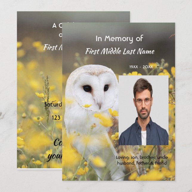 Celebration of Life Service Photo Barn Owl Bird  Einladung (Vorne/Hinten)