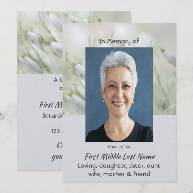 Celebration of Life Service Snowdrop Flowers Einladung (Vorne/Hinten)