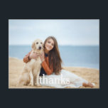 Celebration Thank You Photo Postcard | White Text Postkarte<br><div class="desc">A stylish celebration thank you postcard with large white 'thanks' text. Add your best photo and custom details to the front and back of the card.</div>