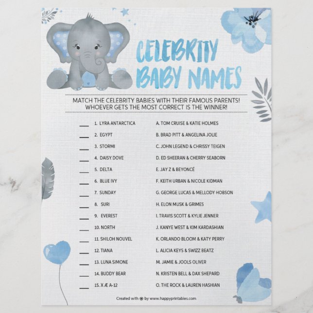 Celebrity Baby Names [Baby Elephant [blau] Briefbogen (Vorderseite)