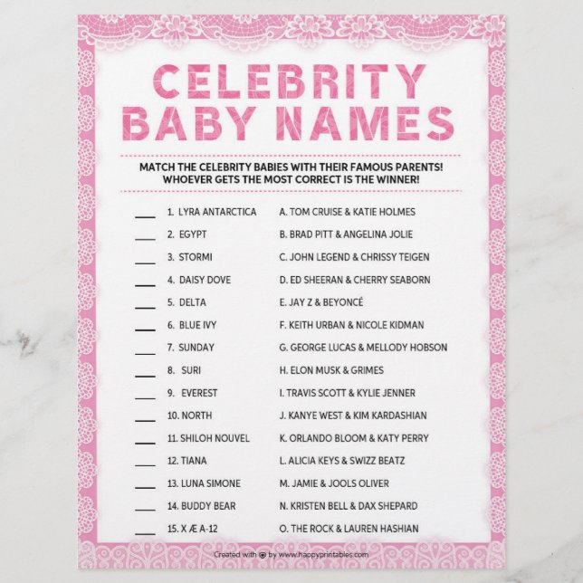 Celebrity Baby Names [Luxury Lace [Pink] Briefbogen (Vorderseite)