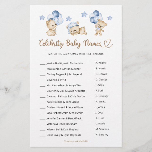 Celebrity Baby Names Teddy Bear Boy Baby Dusche (Vorderseite)