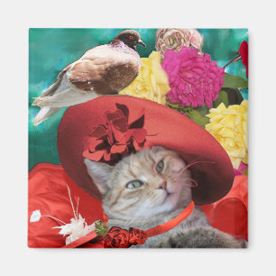 CELEBRITY CAT PRINCESS TATUS MIT RED HAT AND DOVE MAGNET