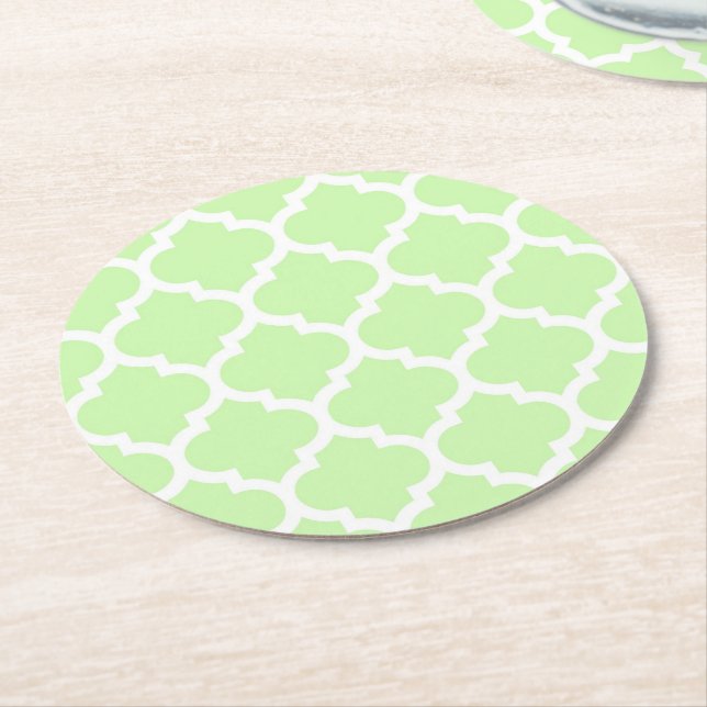 Celery Green White marokkanische Quatrefolienmuste Runder Pappuntersetzer (Angewinkelt)