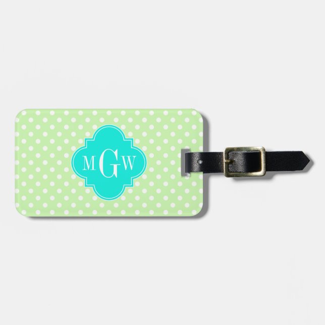 Celery Polka Dot Aqua Quatrefoil 3 Monogramm Gepäckanhänger (Vorderseite horizontal)