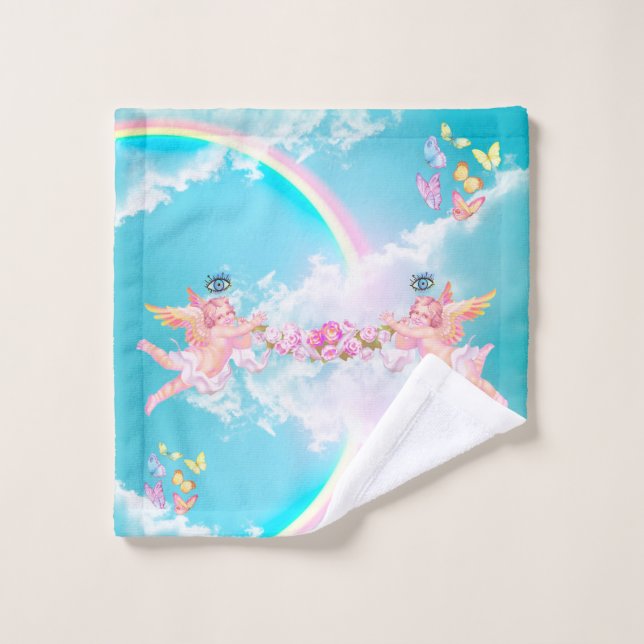 céleste, cherub, ange, arc-en-ciel, nuage, salle d (Gant de toilette)