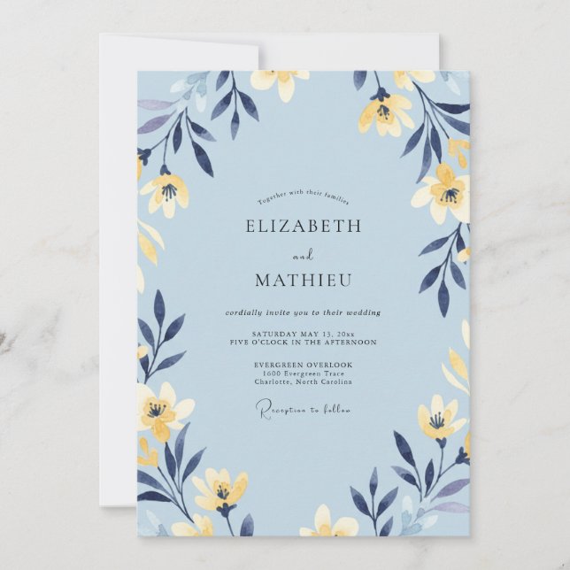 Celeste-Ocker-Blüten-Hochzeit Einladung (Vorderseite)