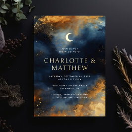 Celestial Abstract Blue Golden Moon Wedding Folieneinladung