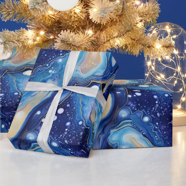 Celestial Abstract Galaxy Art in Blue Gold Swirls Geschenkpapier (Feiertage)